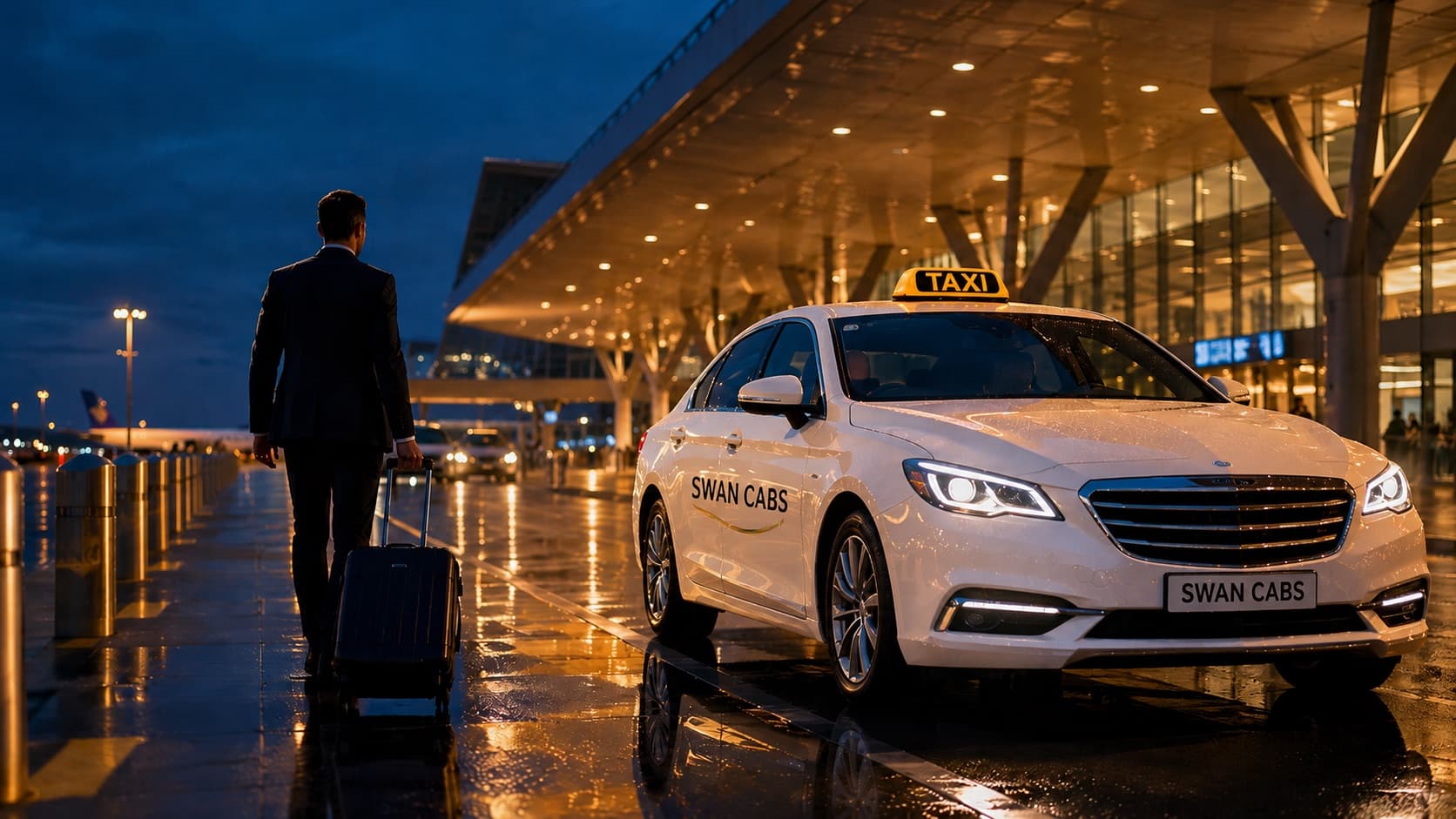 Taxi waiting outside an airport terminal at dusk